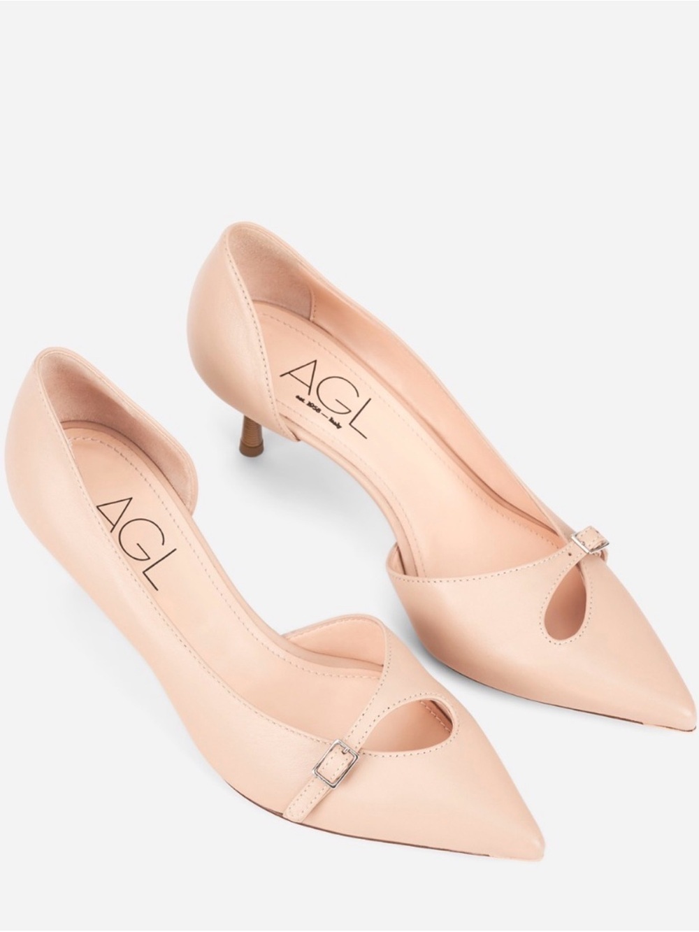 AGL Blush Leather Pointed-Toe wooden Kitten Heel Pumps